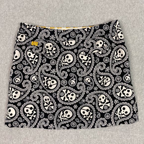 Loudmouth Golf Skort Womens 10 Black White Paisley Skull All Over Print Pockets - Picture 4 of 10